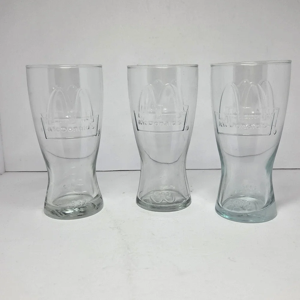 Vintage 1992 McDonalds Embossed Glass Tumblers Set of 3 Clear Golden Arches 6in